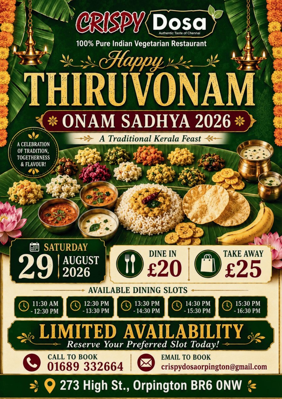 Onam Sadhya Special offer at Crispy Dosa Orpington - Dine in £20, Take away £25 on Saturday 29 August 2026